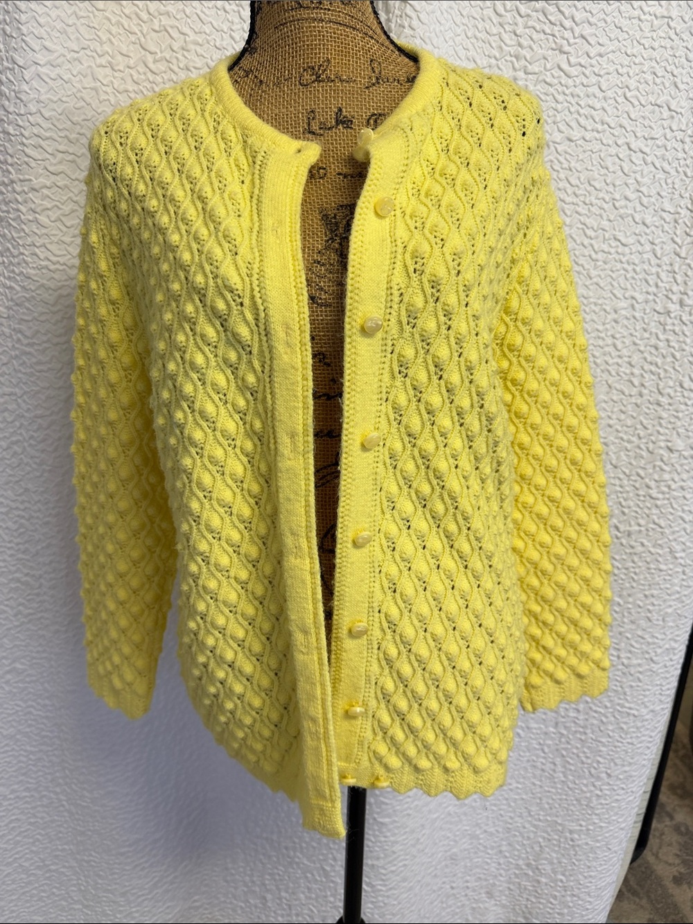 Vtg 60s Cuddle Knit Pastel Yellow Bubble Stitch Cardigan Cottagecore
